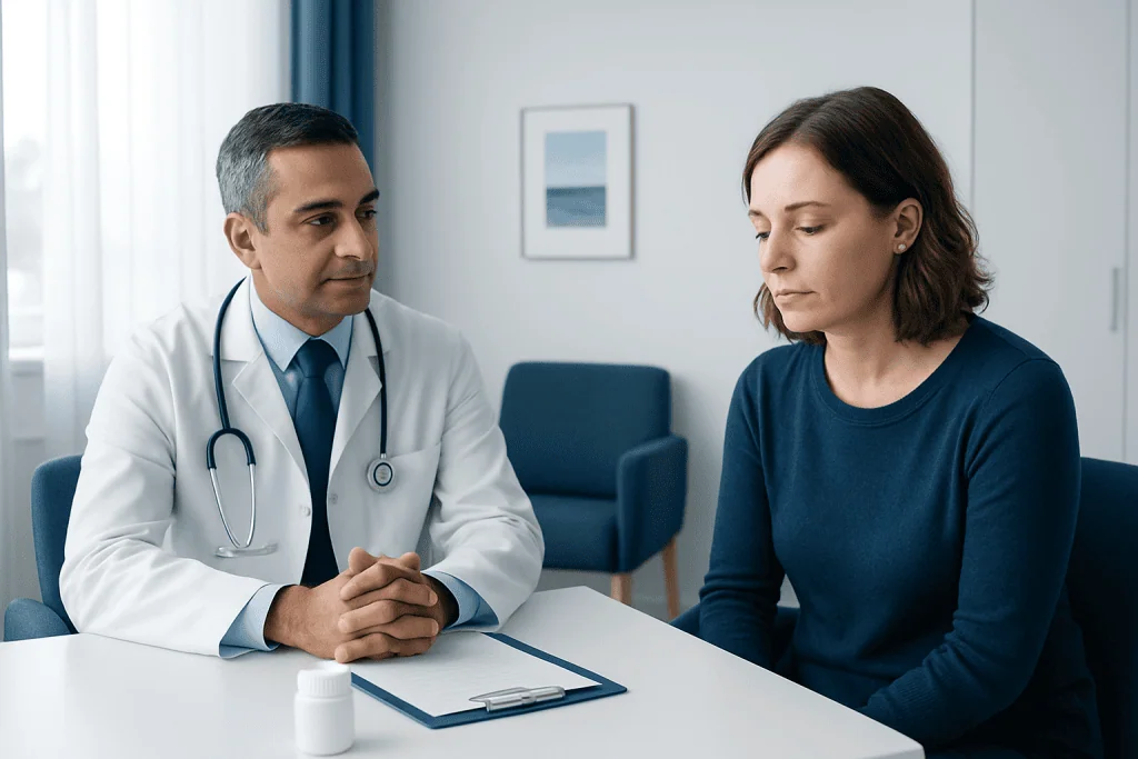 Doctor consulting with a female patient in a medical office setting.