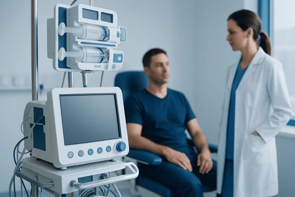 Medical professional consulting patient in hospital room with monitoring equipment.
