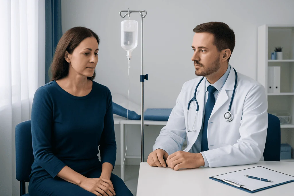Doctor consulting with a female patient in a hospital room.