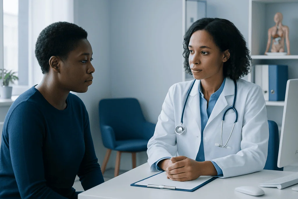 Doctor consulting with a patient in a modern medical office.