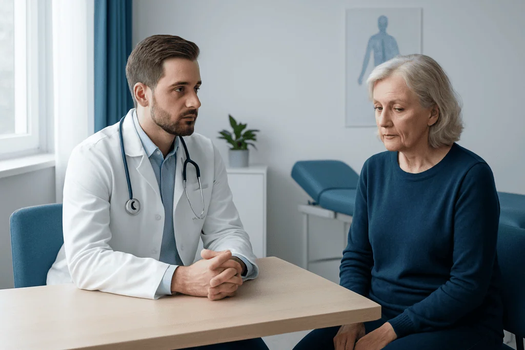 Doctor consulting with elderly woman in medical office.