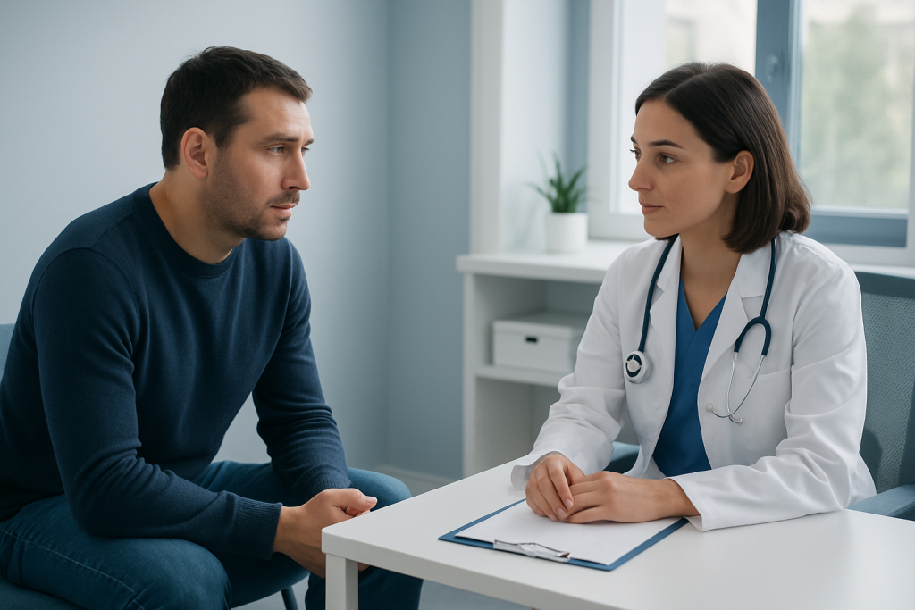 Doctor consulting with male patient in a medical office setting.