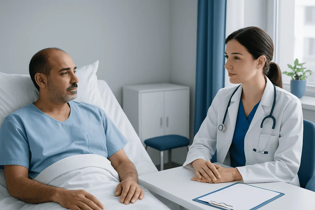 Doctor consulting with patient in hospital room for medical overview.