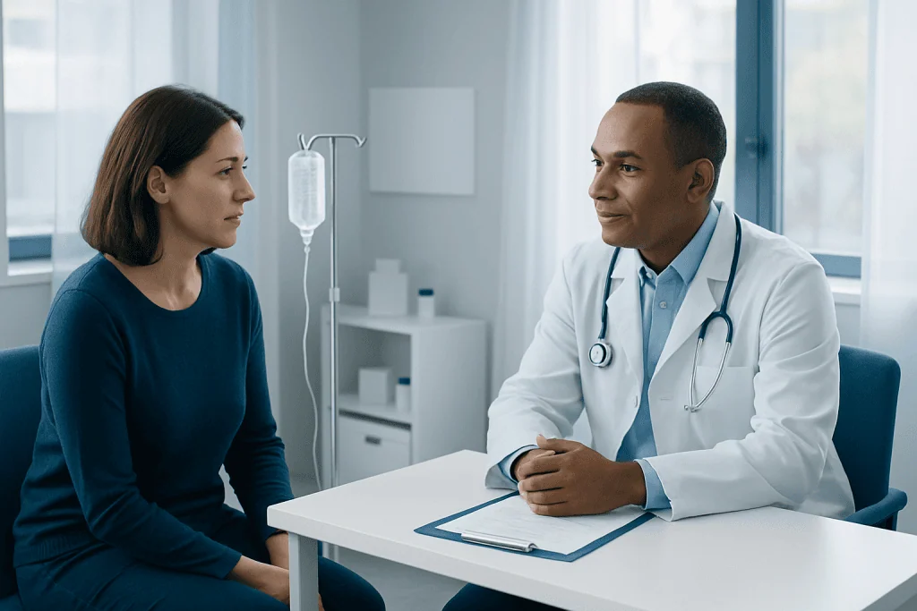 Doctor consulting with female patient in hospital room.