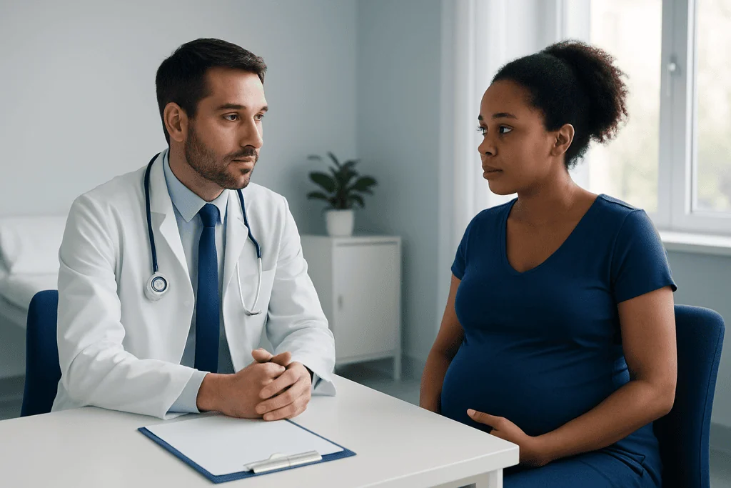 Doctor consulting pregnant woman in a medical office setting.