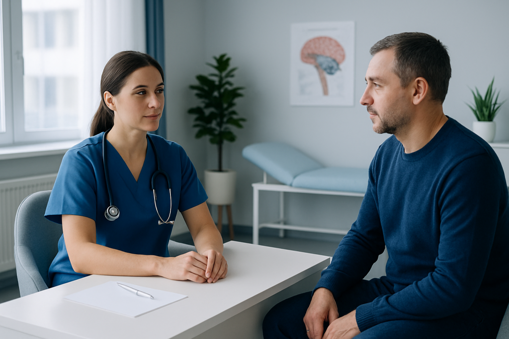 Doctor consulting with patient in a medical office setting.