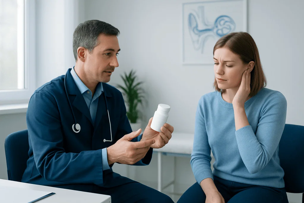 Doctor explaining ear infection medication to a patient in a clinic.