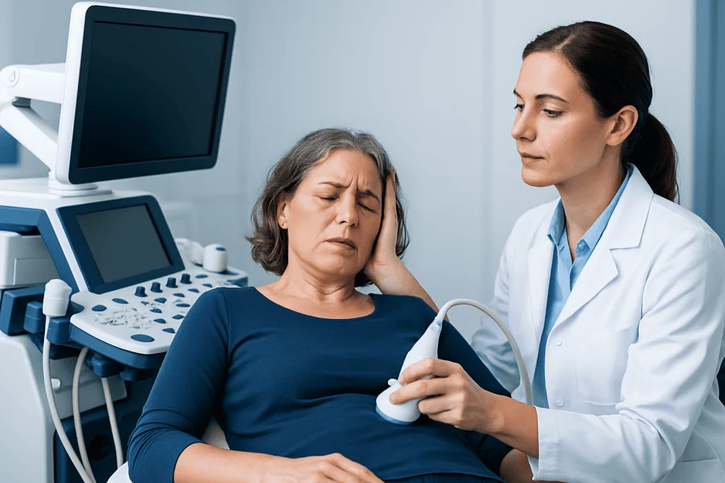 Doctor performing ultrasound on a woman in a medical examination room.