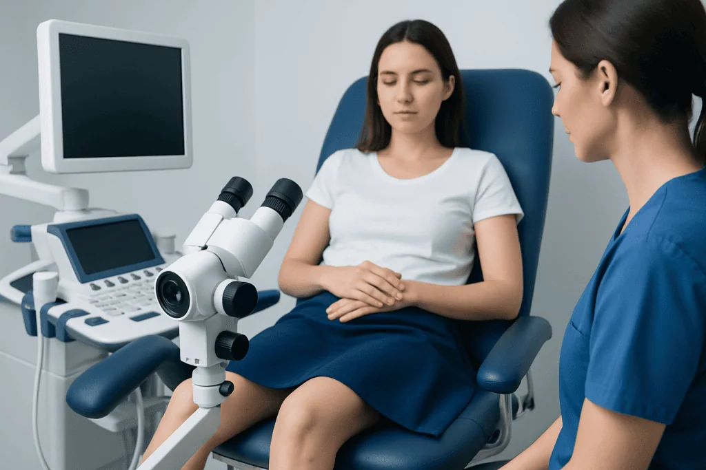 Gynecologist consulting with a patient in a medical examination room.