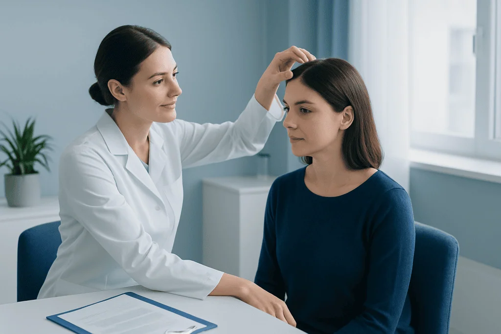 Doctor examining a woman's scalp in a medical consultation room.
