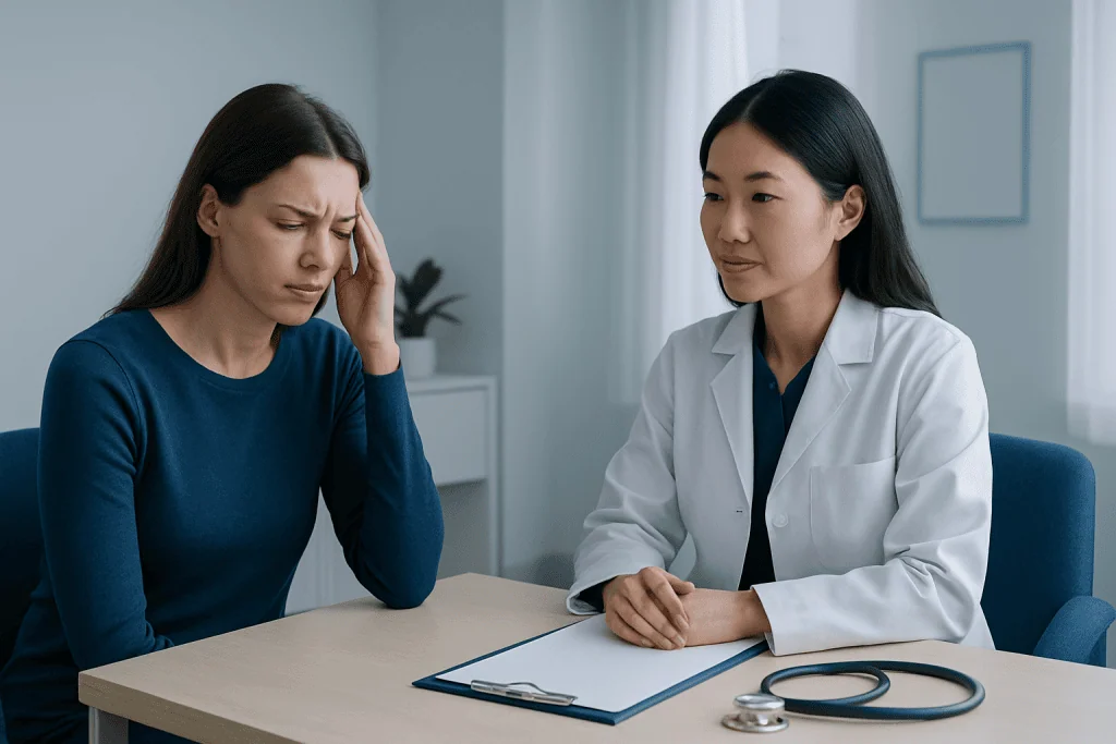 Woman with headache consulting a doctor in a medical office.