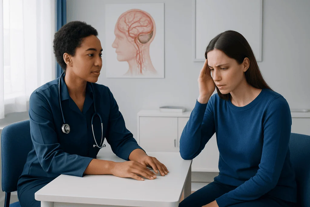 Doctor consulting a patient with headache in a medical office.