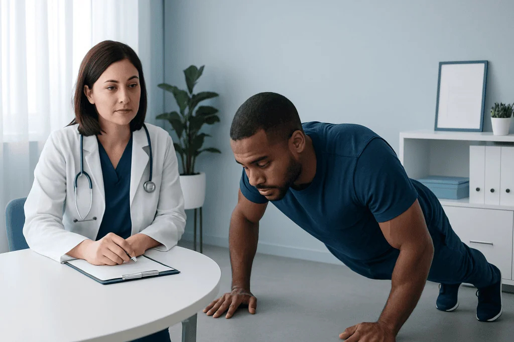 Doctor observing patient doing push-up exercise in clinic setting.