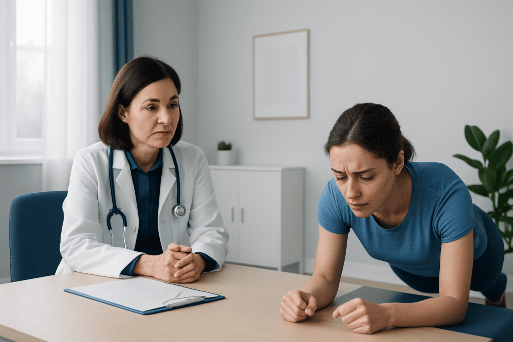 Doctor consulting a patient about health concerns in a medical office.