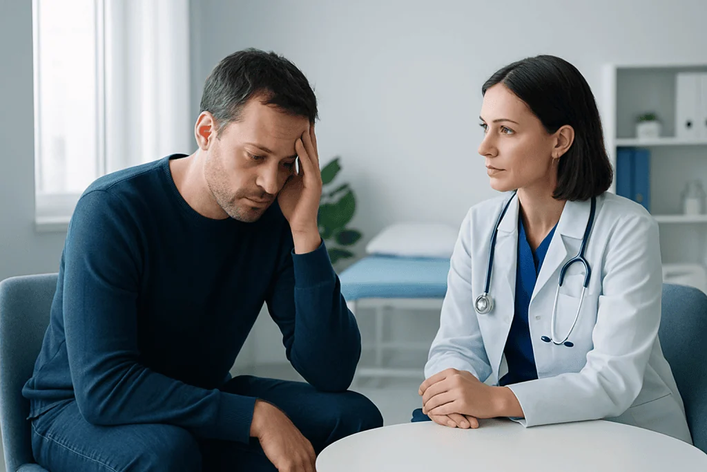 Patient experiencing headache consults with doctor in hospital setting.