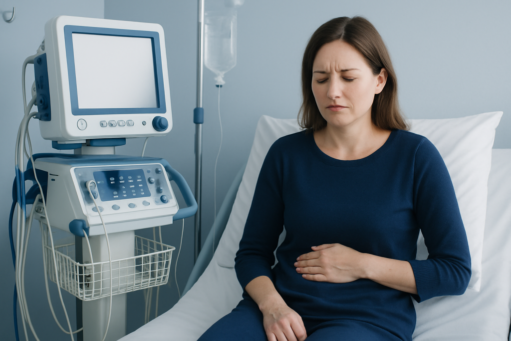 Woman in hospital bed experiencing stomach pain or discomfort.
