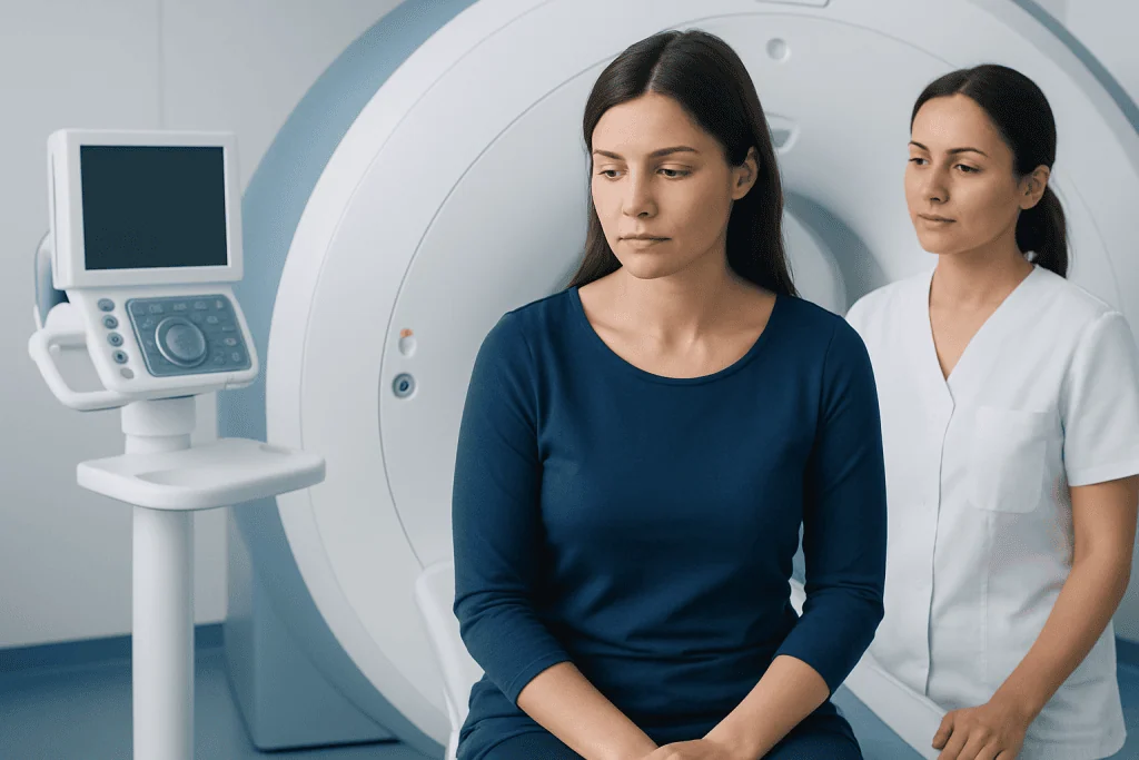 Woman patient preparing for MRI scan at Acibadem Hospital.
