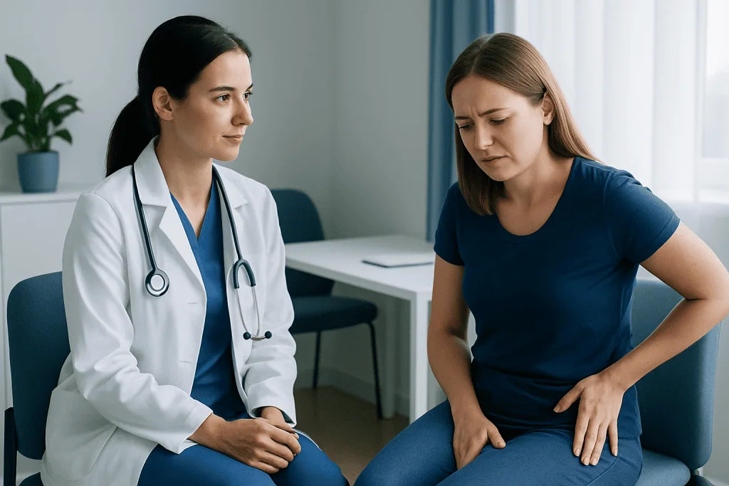 Doctor consulting a woman with groin pain in a medical office.