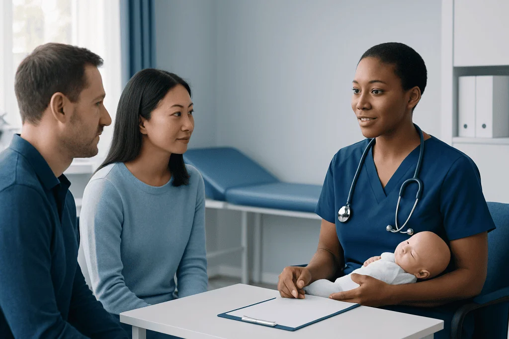 Pediatrician holding a newborn baby during a consultation with parents in a hospital.