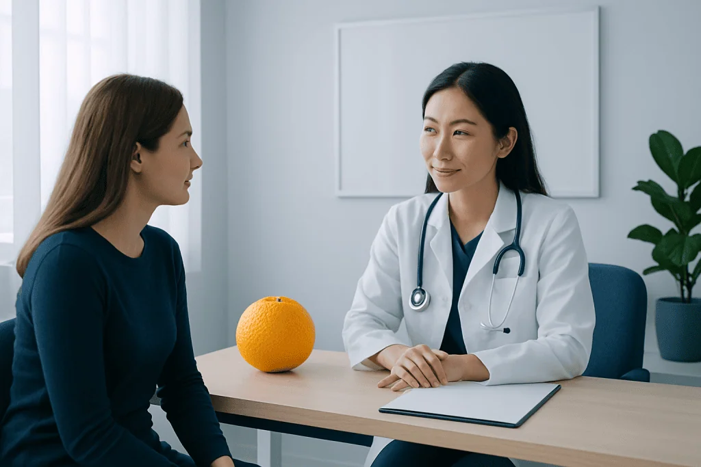 Doctor consulting with a patient in a medical office with a citrus fruit on the table.