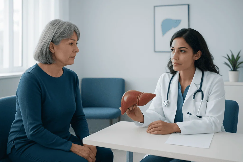 Doctor explaining liver health to an elderly woman in a medical consultation.