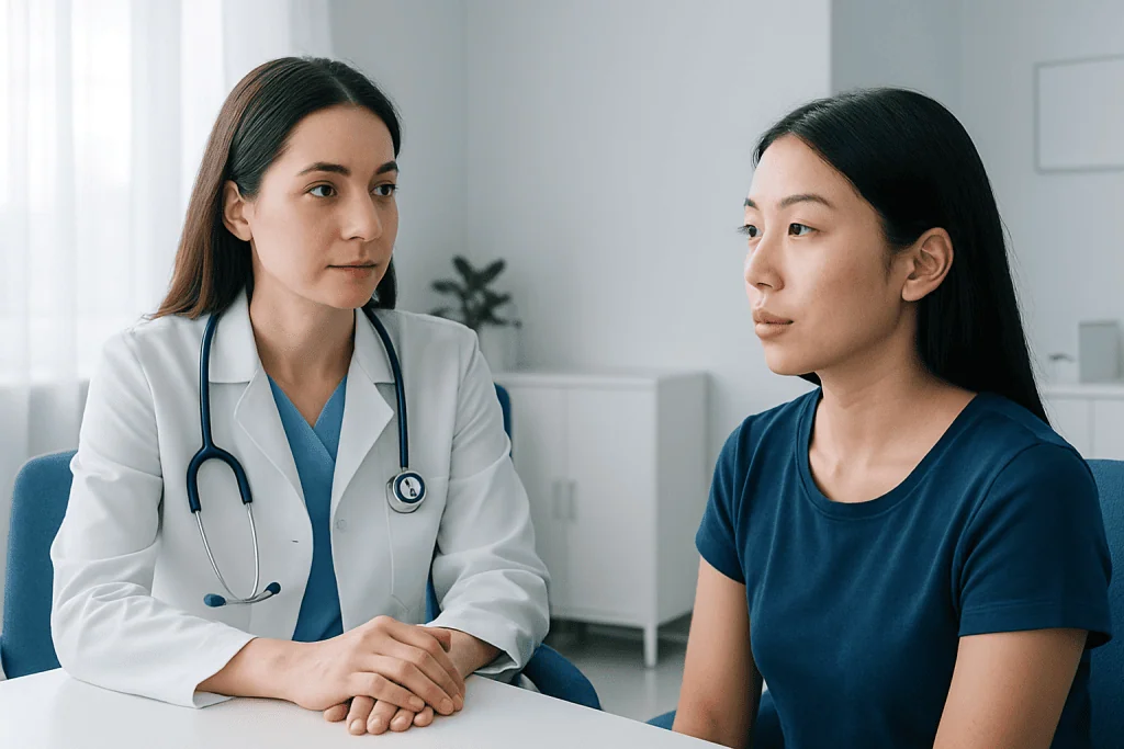 Doctor consulting with a patient about nose pores and skin health.
