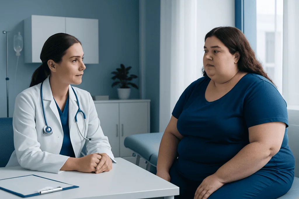 Doctor consulting with an overweight woman in a medical office.