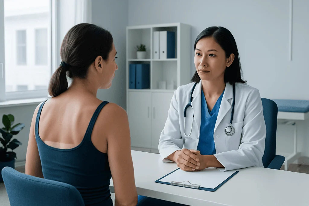 Doctor consulting a patient about skin health and sun protection.