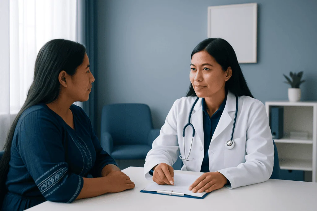 Doctor consulting with a patient in a modern medical office.