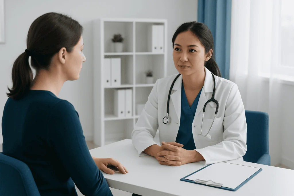 Doctor consulting with a patient in a modern medical office setting.