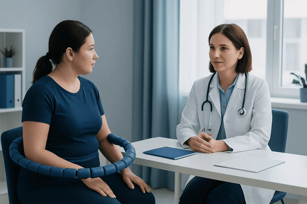 Doctor consulting with patient about health in a medical office.