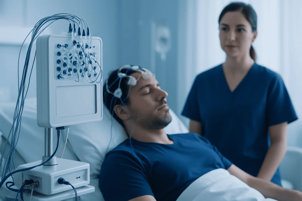 Patient undergoing neurological sleep disorder test with EEG monitoring.
