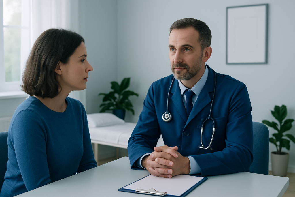 Doctor consulting with female patient in a medical office setting.