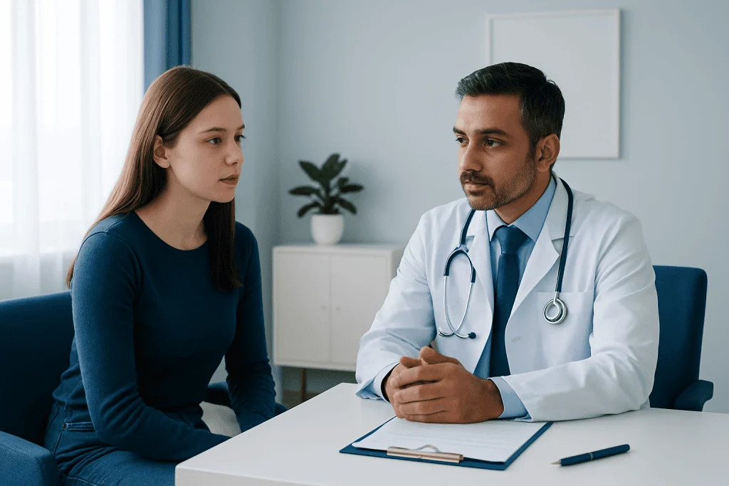 Doctor consulting with a young female patient in a modern clinic setting.
