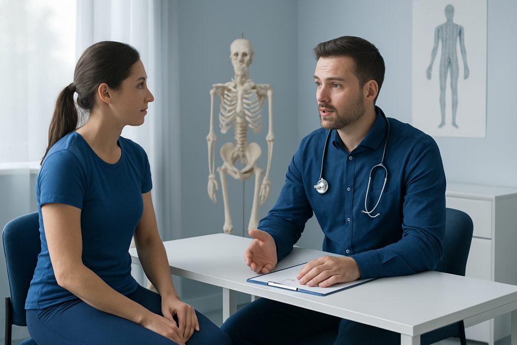 Doctor consulting with a patient in a medical office with skeleton and anatomy charts.