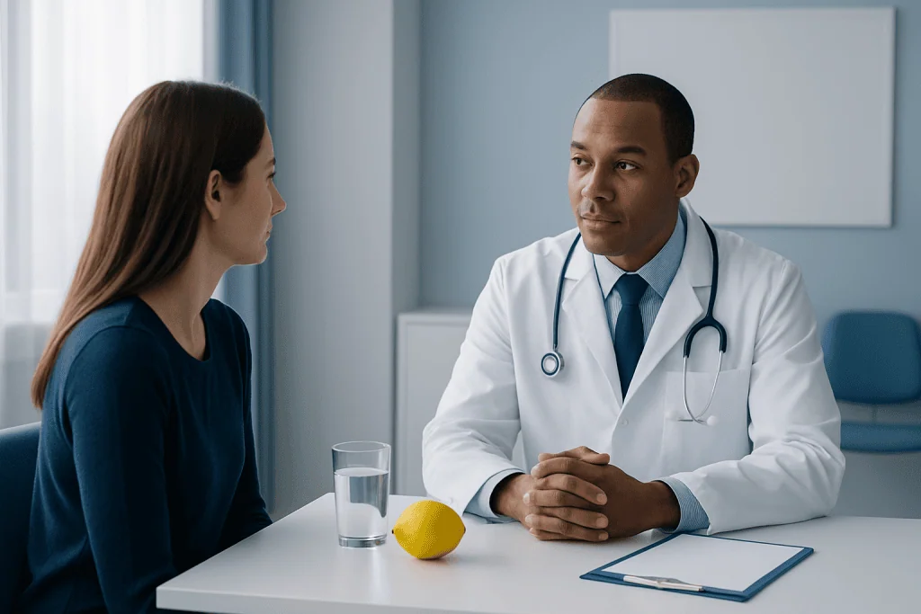 Doctor consulting with a female patient in a medical office setting.