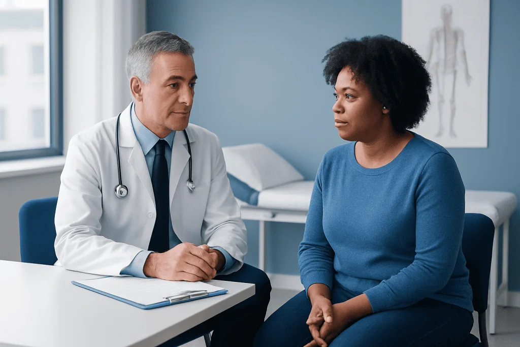 Doctor consulting with a patient in a medical office setting.