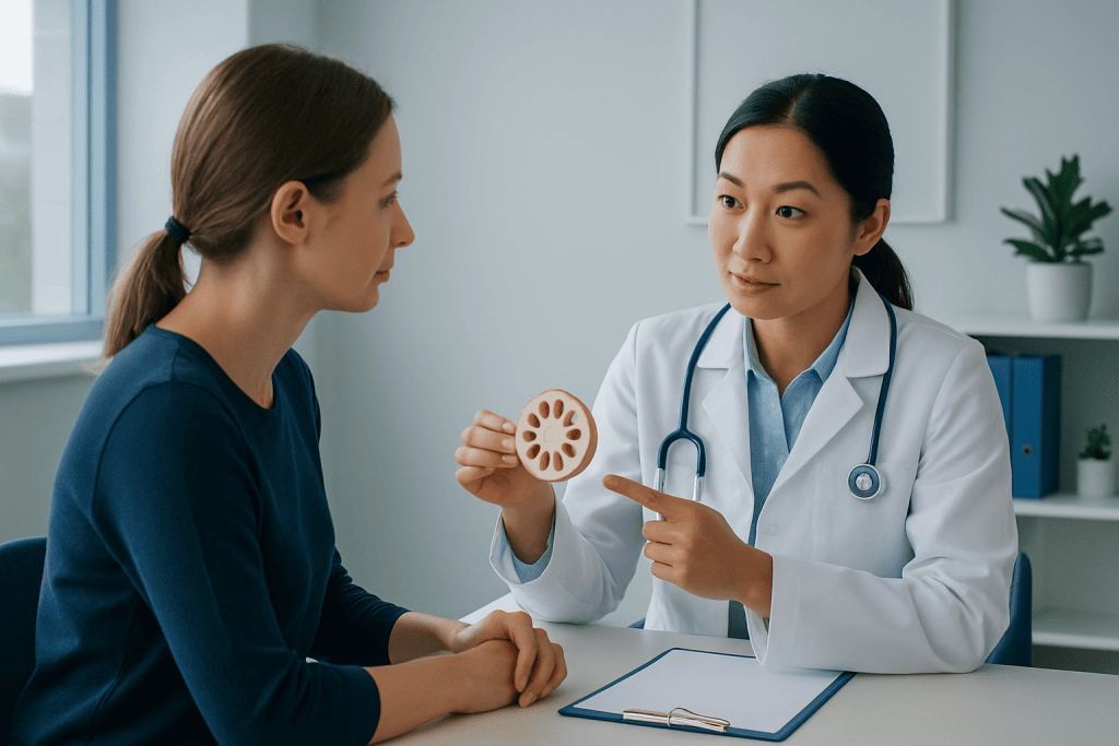Doctor explaining lotus root health benefits to patient in clinic.