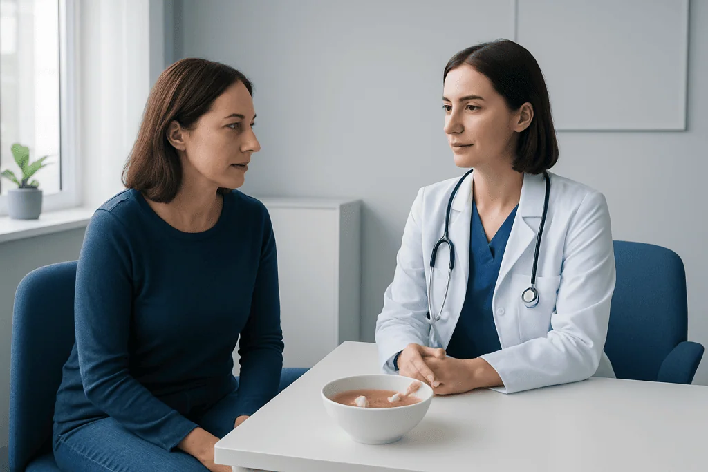 Doctor consulting with patient about health in a clinical setting.