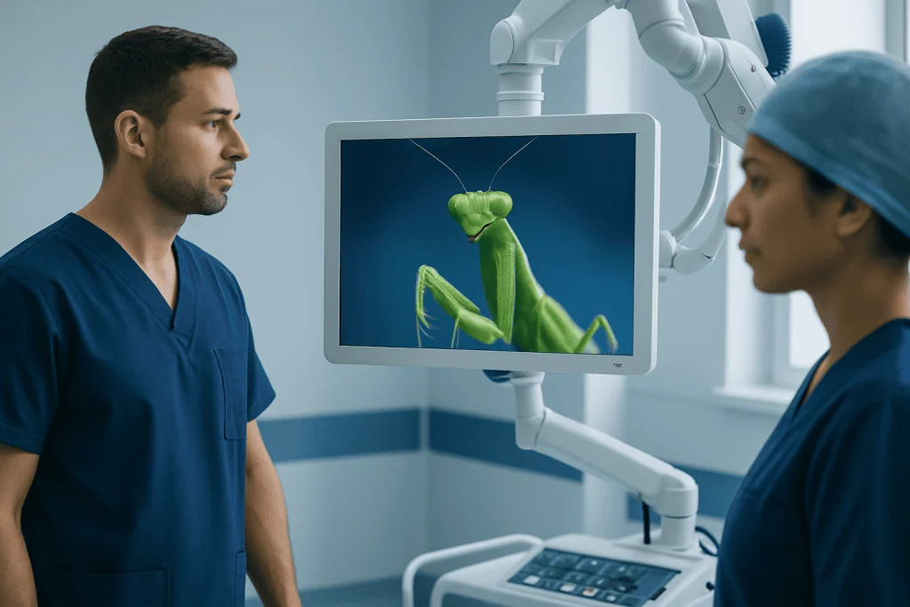 Medical professionals examining a praying mantis on a monitor in a clinical setting.