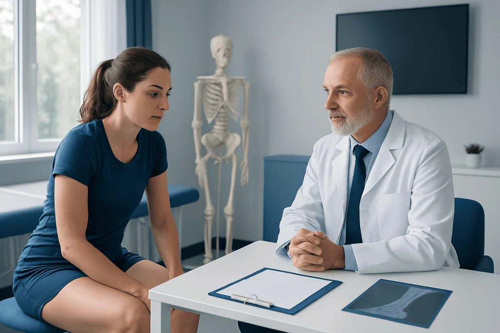 Doctor consulting with young woman patient in medical office.