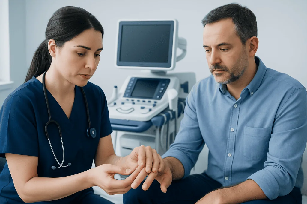 Doctor examining patient's fingernail in a clinical setting.