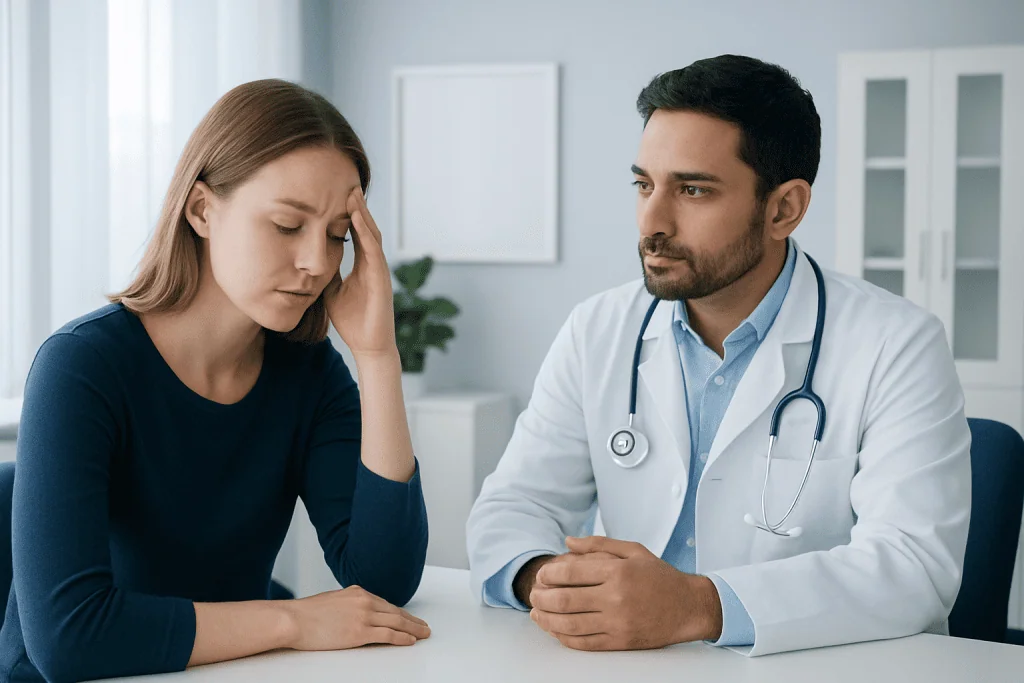 Doctor consulting with a woman experiencing headache or stress.