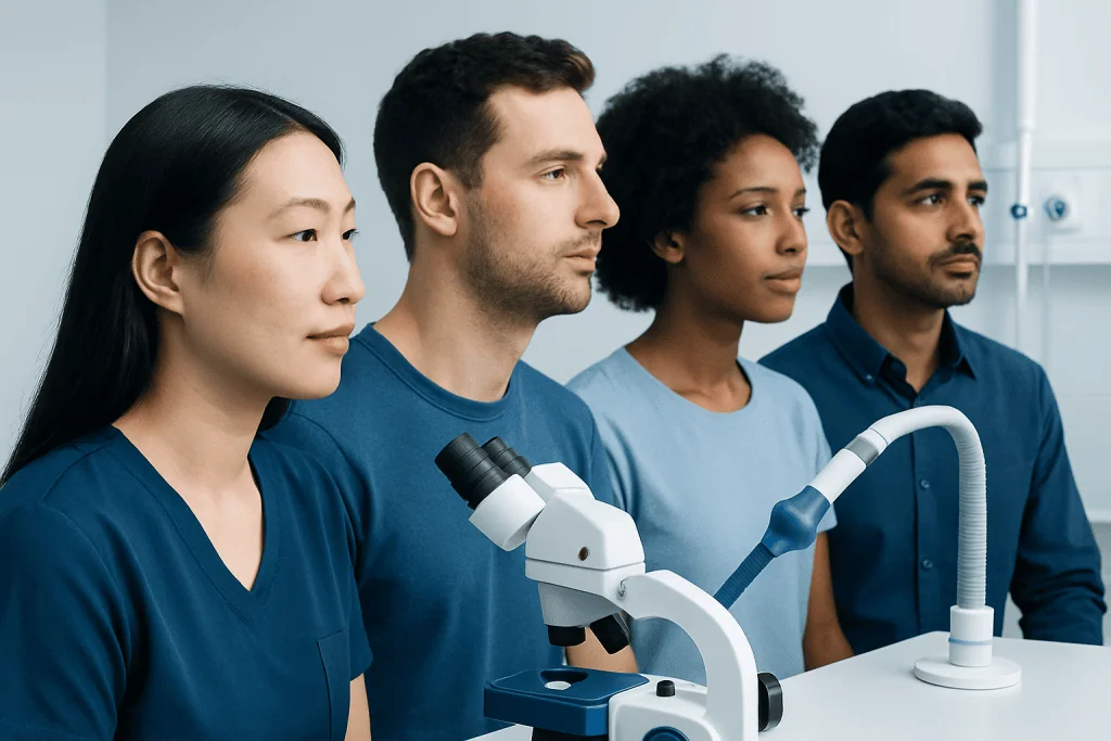 Diverse medical team examining samples with microscope in clinical setting.