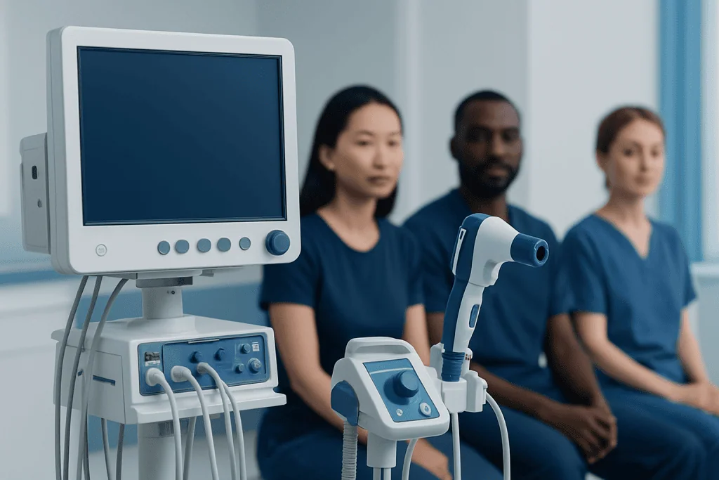 Medical team with ultrasound equipment in a hospital setting.