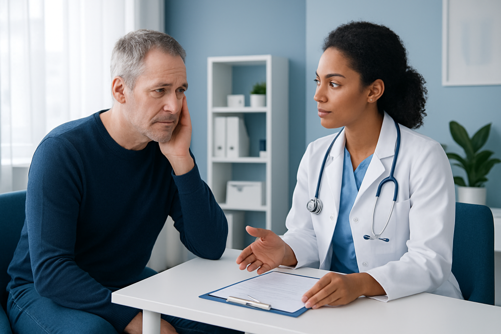 Doctor consulting with a patient about tinnitus symptoms in a medical office.