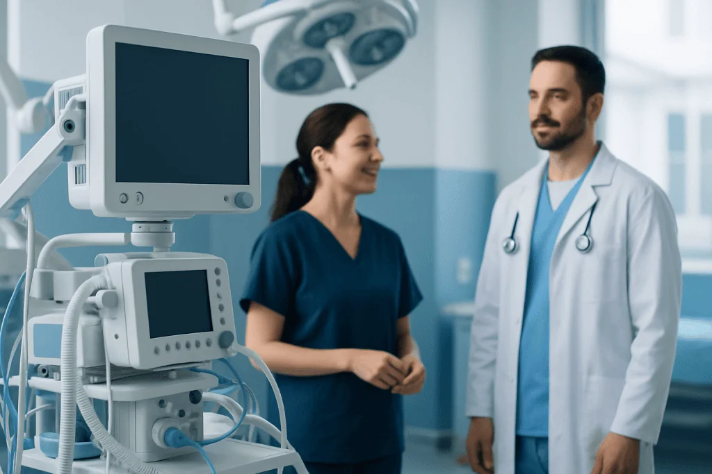 Medical professionals in a hospital room with advanced monitoring equipment.