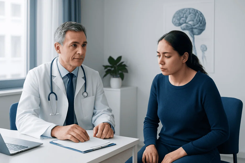 Doctor consulting with a patient about nervous system disorders affecting muscles.
