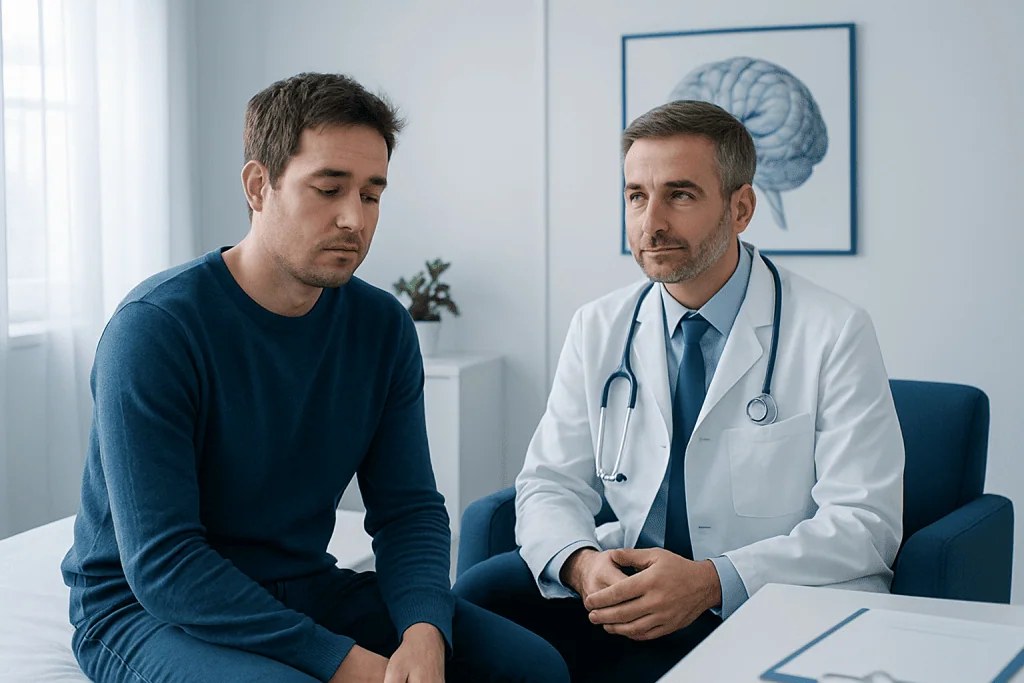 Doctor consulting with a patient about sleep problems in a medical office.