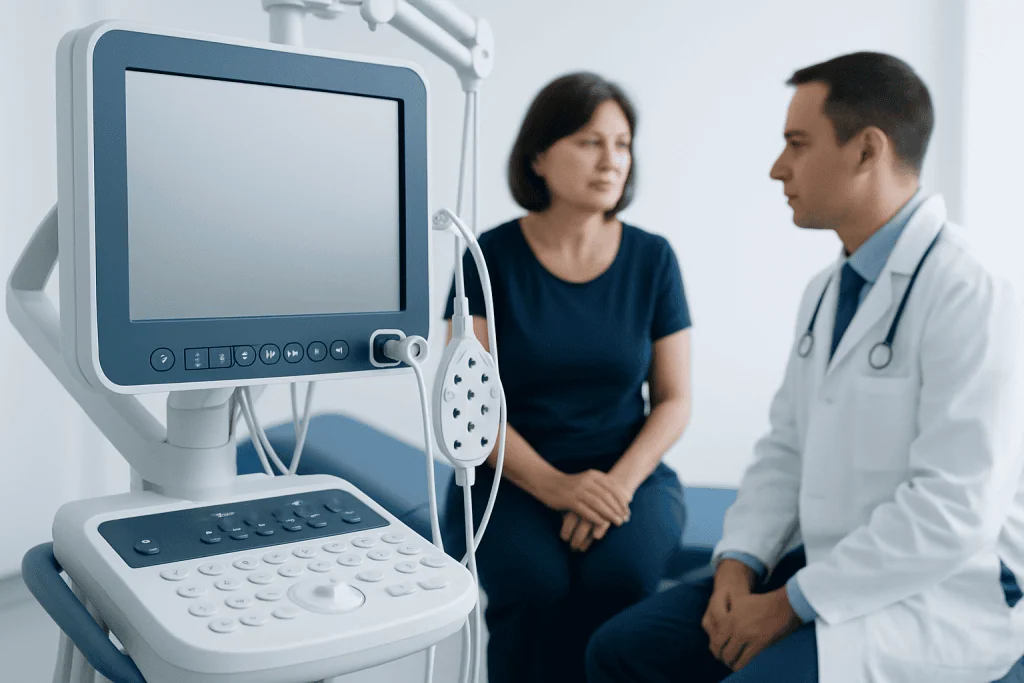 Doctor consulting patient with neuromuscular examination equipment in clinic.